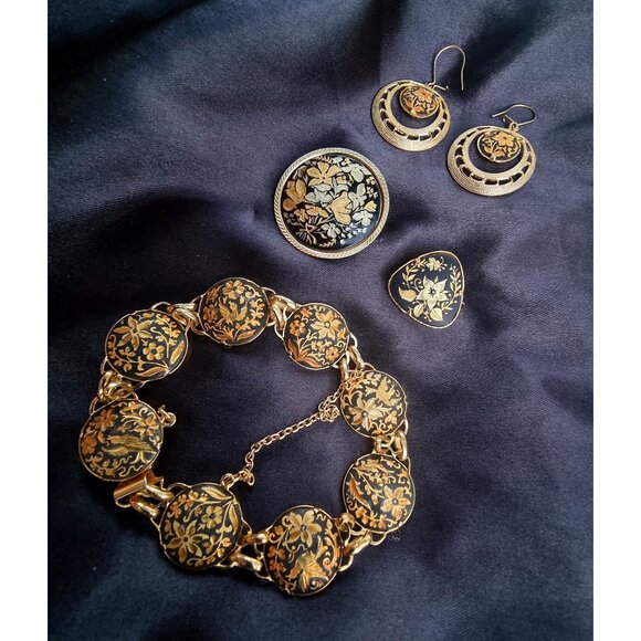 Vintage Demascene Jewelry Set Bracelet Birds and Flowers, Leaves Floral Two Broo - Picture 1 of 10